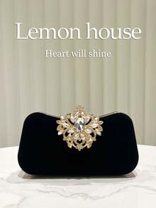 Embrague de noche lujoso con broche floral de cristales cadena metálica extraíble varios acabados glitter terciopelo para mujer boda gala banquete regalo - Beis - Ver 1
