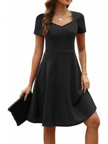 Vestido Elegante Vintage para Mujer HELYO, Cuello Corazón, Manga Corta, Casual, para Trabajo o Fiesta, Corte en A, con Bolsillos 163 - Burdeos - Ver 7