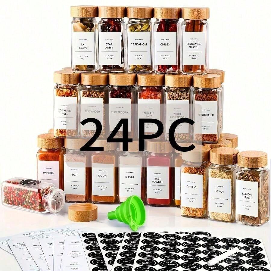 15/24pcs Spice Jars With Label Paper And Lid, 4oz, Spice Empty Bottles With Collapsible Funnel, Glass Condiment Containers, Storage Jars, Commercial Restaurant Kitchen Accessories, Kitchen Condiment Jars - 24pcs - View 1