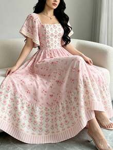 Turtle Leaf, Coconut Tree, Scattered Leaf And Small Flower Plant Silhouette, Square Neck Short Sleeve Dress With Ruffle Design At Hem, Summer Vacation Style - Multicolor 12 - View 9