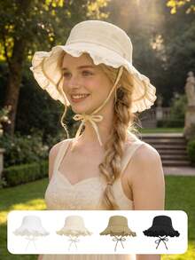 1pc Women's Outdoor Sun Hat, Fashion Versatile Bow Decor Wide Brim Bucket Hat, Flattering - Multicolor - View 9
