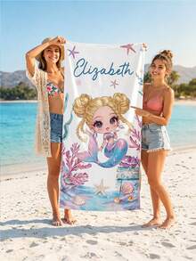 Personalized Mermaid Beach Towel, Customized Name Soft Towel, Cartoon Mermaid Ocean Theme Pattern - Multicolor - View 2
