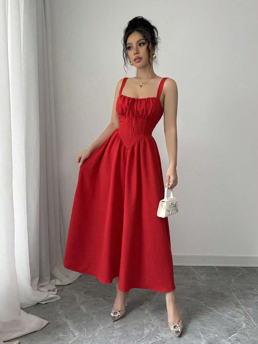 Women's Plain Red Maxi Dress For Summer 2025, Perfect For Valentine's Day Or Holidays, Featuring Ruffles At The Front, A Bow, An Asymmetrical Neckline, And A Slimmed Waist - 紅色 - 查看 1