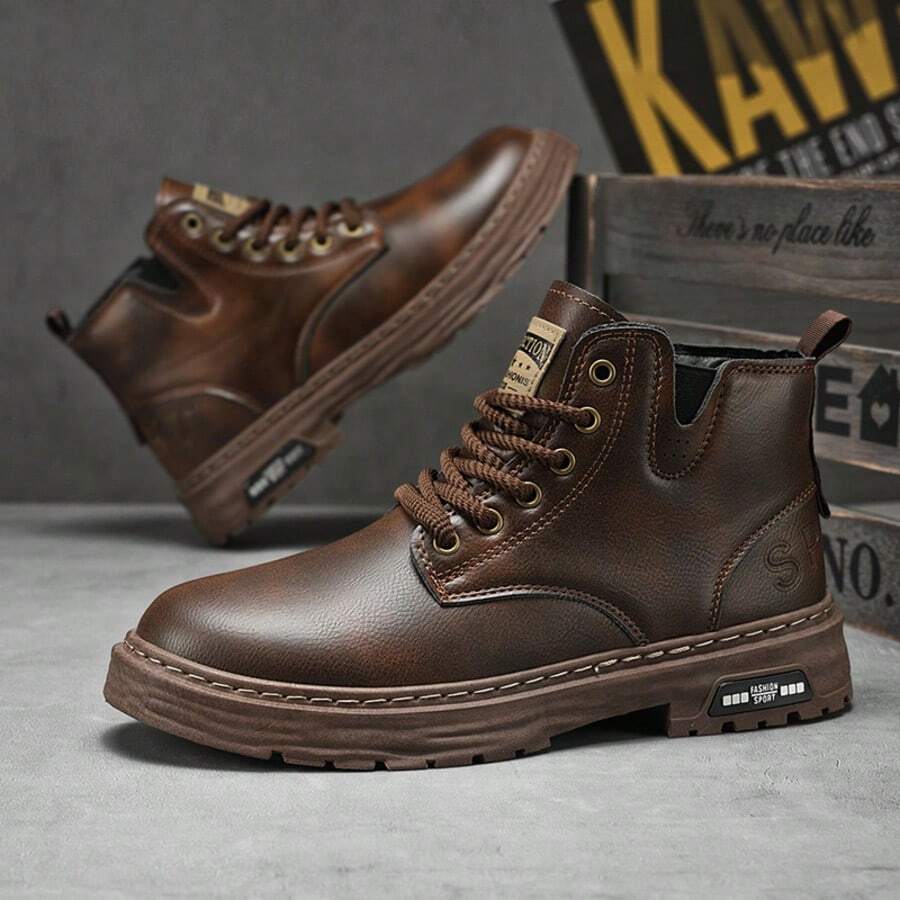 Men's Vintage Brown Side Zipper Snow Boots, High-Top Work Boots, Non-Slip PU Leather Ankle Boots, Suitable For Outdoor And Daily Wear - Brown - View 1