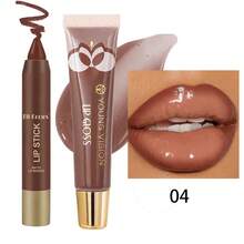 1pc Matte Chocolate Lipstick & 1pc Brown Lip Gloss Combo, Moisturizing Lip Makeup Set For Work, Travel, Party - Multicolor - View 5