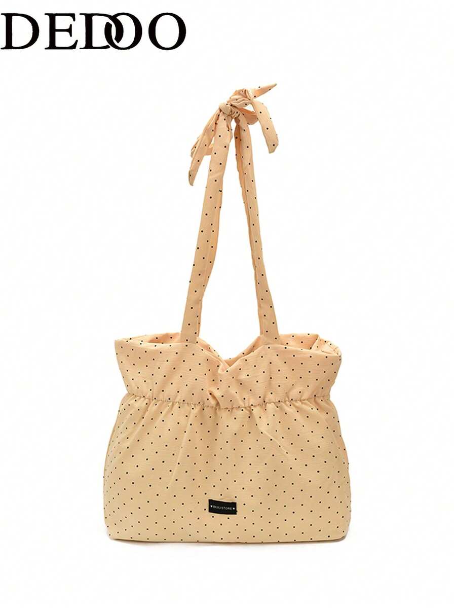Dedoo Bolso de lona con estampado de lunares, bolso de hombro plegable para estudiantes con diseño de cordón con volantes en forma de nube