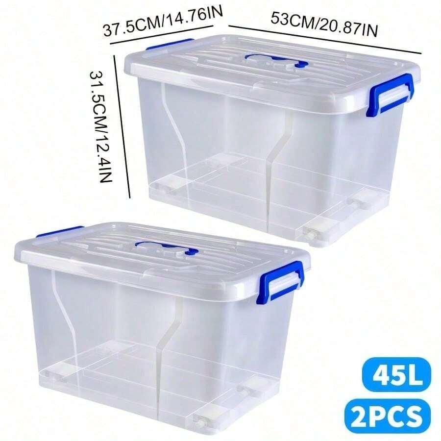 2pcs Covered Storage Boxes, An Open Storage Box, Transparent Storage Box, Sturdy And Stackable Storage Box, And Multi-Functional Multi-Sized Storage Box. These Are Highly Suitable For Organizing And Storing Items In Homes, Offices, Bedroom Wardrobes - 45 litros (53 x 37,5 x 31,5 cm) - con ruedas - Ver 1