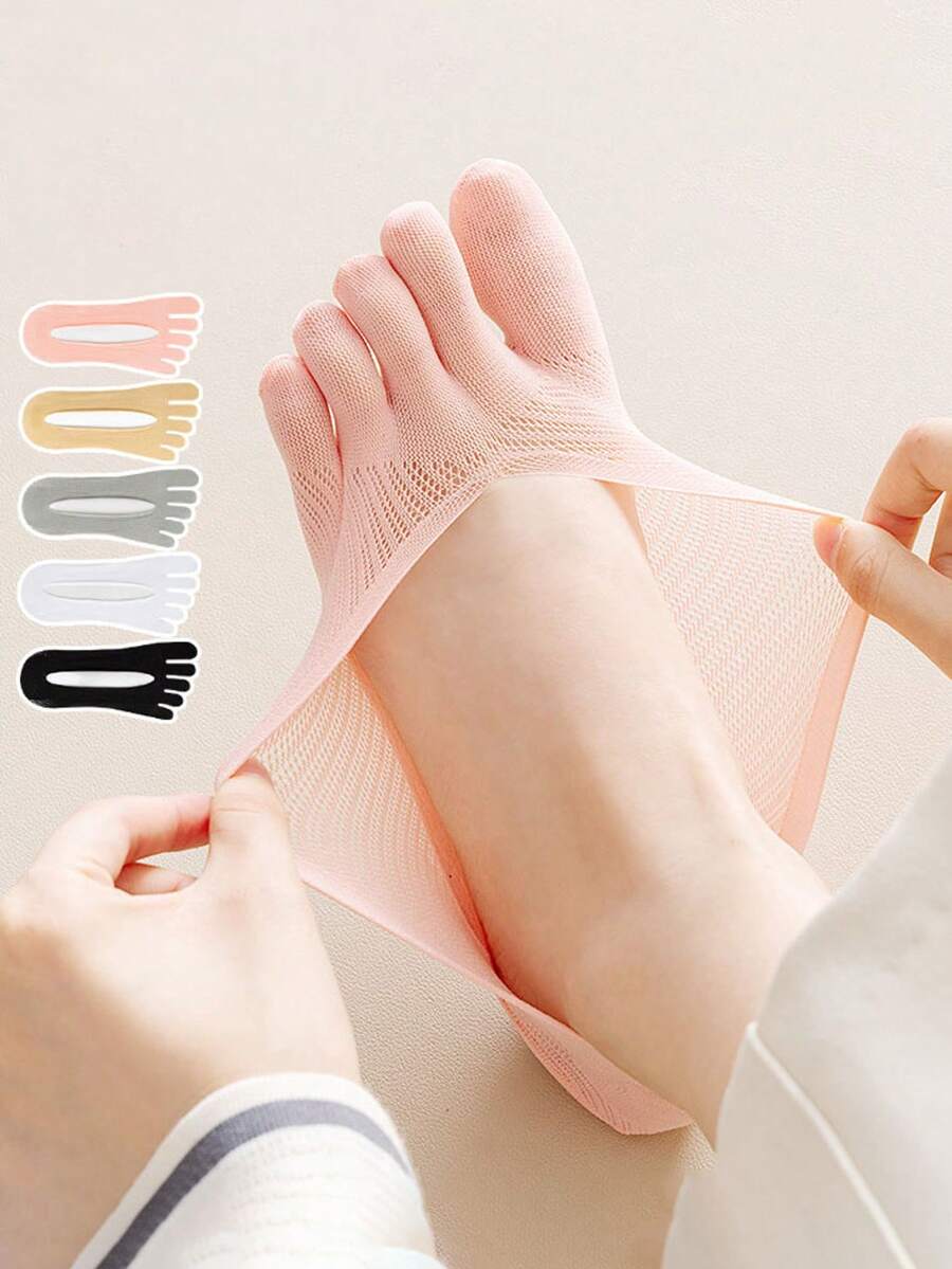 5 Pairs Summer Thin Mesh Five-Toe Socks, Split Toe High Heel Socks, Open Toe Toe Separator Silicone Non-Slip Low Cut Invisible Socks - Multicolor - View 1