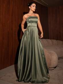 Strapless Party Dress With Crossover Back Closure. - Olive Green - View 1