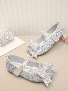Girls' Pearl & Rhinestone Princess Shoes, Bow Decor Soft Sole Shoes, Spring Summer Autumn Casual Versatile Outfit - Silver - View 4