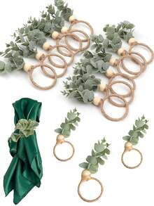 1/6/12pcs/Set Napkin Rings, Rustic Farmhouse Style Napkin Rings, Eucalyptus Napkin Rings, Wooden Napkin Rings, Bohemian Green Leaf Napkin Rings, Suitable For Spring/Summer, Thanksgiving, Christmas, Bridal Shower, Wedding Table Decor - Multicolor - View 6