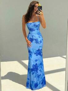Elegant Women's Dress With Floral Print And Open Back, Summer Clothes, Beach Outfits For Women, Beach Vacation Clothes, Party Outfits, Bridesmaids - 藍色 - 查看 7