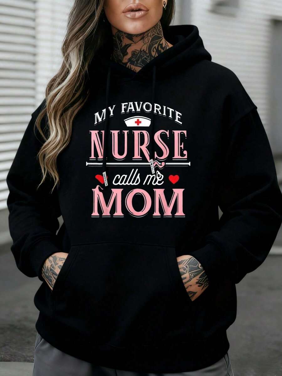 Women's Hoodie, Graphic Print 'The Nurse Calls Me Mom', Casual Loose Fit Sweater, Long Sleeve, Winter Clothes For Mother's Day, Autumn Clothes For Women - 黑色 - 查看 1