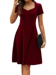 Vestido Elegante Vintage para Mujer HELYO, Cuello Corazón, Manga Corta, Casual, para Trabajo o Fiesta, Corte en A, con Bolsillos 163 - Burdeos - Ver 1