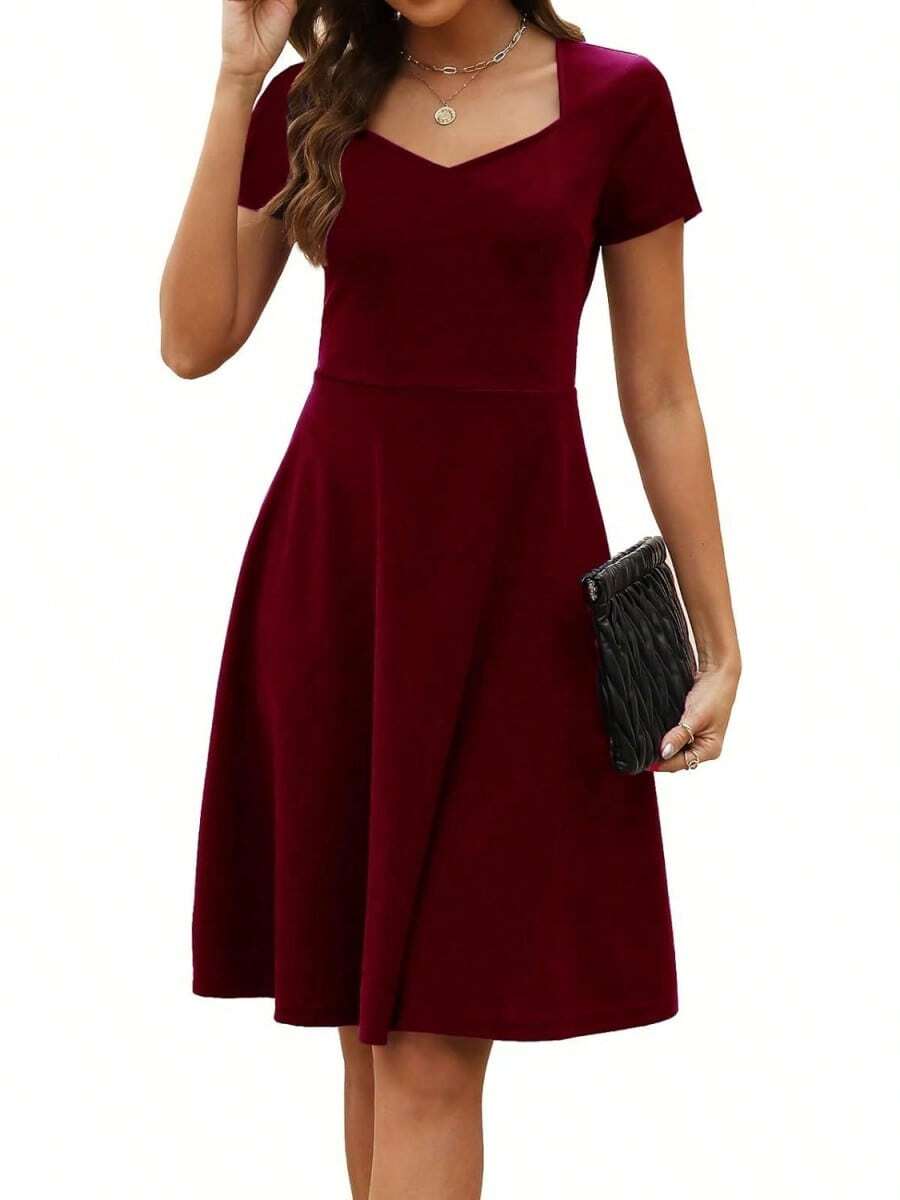 Vestido Elegante Vintage para Mujer HELYO, Cuello Corazón, Manga Corta, Casual, para Trabajo o Fiesta, Corte en A, con Bolsillos 163 - Burdeos - Ver 1