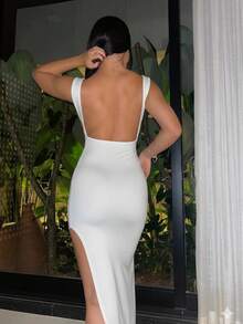 Vivi Long Dress For Party Wedding Graduation Simple Mesh Backless Asymmetrical Side Opening Wedding Evening Birthday Party Formal And Evening - 白色 - 查看 2
