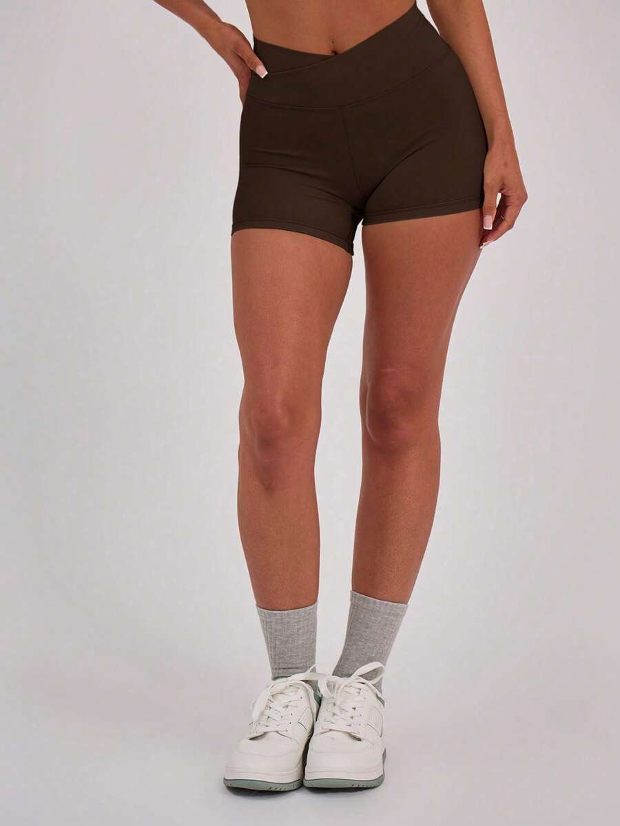 Seamless Crossover Waist Slim Fit Shorts, Soft Fabric Fitness Shorts For Women, Suitable For Sports And Everyday Wear - 棕色 - 查看 1
