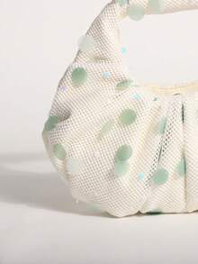 SCULPTEDSTYLE BAGS 1件薄荷綠美人魚亮片雲朵手提包，奶油白亞麻底布拼接，時尚波點網格抓皺設計女款托特包，適合海灘度假，可搭配魚網肩帶洋裝與休閒度假穿搭（隨機花卉圖案） - 薄荷綠 - 查看 3