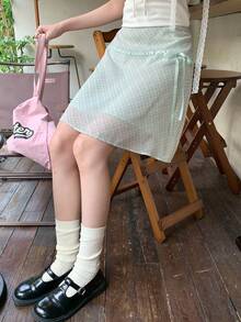 Summer Fresh Plaid Skirt With Bow Tie - Mint Green - View 10