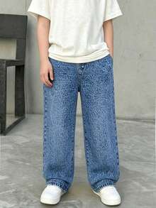 Young Boy Simple & Casual Style Medium Wash Wide Leg Jeans For 2-8 Years Back To School, 2-3Y No Zipper, 4Y-8Y With Zipper, Easy To Wear, New Acid Wash Process, Built-In Elastic Waistband, Adjustable Fit, Loose Wide Leg Versatile Denim Pants - Light Wash - View 3