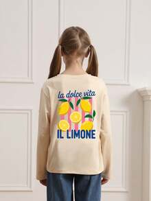 Teen Girl Casual Fun Print Crew Neck Pullover Long Sleeve T-Shirt, Autumn/Winter Top - Apricot - View 7