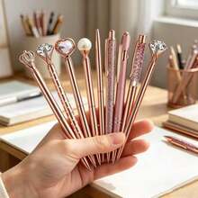 9/5pcs Rose Gold Rhinestone Diamond Ballpoint Pen Set, Metal Writing Pen Inlaid With Artificial Crystal, Smooth Writing, Quick-Drying Ink, Suitable For Party Gifts, Wedding Guest Book, Women's Office Desk Accessories - Multiple Styles - View 3