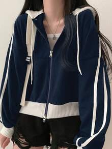 YCYC Korean Style Women's Sweatshirt, Early Spring Autumn Winter Patchwork Colorblock Sporty Casual Top Jacket - Navy Blue - View 3