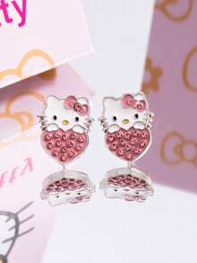 SANRIO 1 Pair Fashionable Hot-Selling Hello Kitty Rhinestone Inlaid Heart-Shaped Cute Earrings, Can Be Given As A Gift To Best Friends, Can Be Worn With Beautiful Clothes For Daily Wear - Pink - View 4