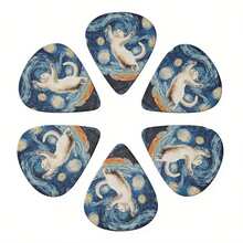 Vintage Starry Night Oil Painting White Cat Print Flat Guitar Picks Full Set 6pcs Durable ABS Material Moderate Thickness Compatible With Acoustic Guitar Electric Bass Artistic Style Beginner Stage Performance Gift - Multicolor - View 4