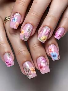 24pcs Stylish Luxurious Soft Pink Floral Medium Length European & American Square Press-On Nails, Easy To Stick, Long Lasting, Gentle On Natural Nails, Reusable False Nails - Multicolor - View 1
