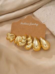 9 Pairs CCB Gold Geometric Earring Set, Hypoallergenic Water Drop Shell Style, Suitable For Daily And Party Outfits - Gold - View 5