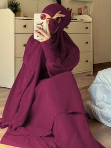 紋理縮褶彈性袖口 Khimar Abaya 兩件套，寬鬆大袖端莊 長洋裝，穆斯林女性休閒伊斯蘭禮拜服裝 - 彩色 - 查看 3