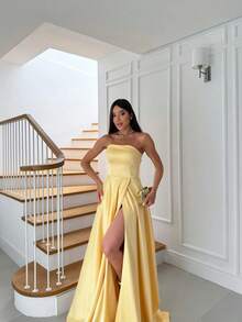 Strapless Party Dress With Crossover Back Closure. - Yellow - View 3
