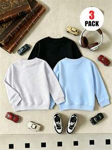 Set 3 Potong Baju Sweatshirt Leher Bulat Kasual Musim Panas untuk Bayi Baru Lahir, Atasan Leher Bulat dengan Motif Mobil Vintage & Slogan - MultiWarna - View 2