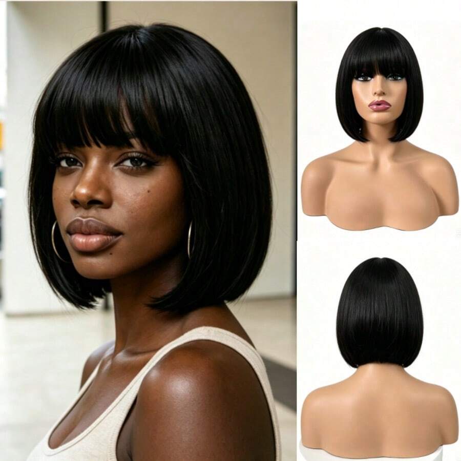 12 Inch Short Bob Wig With Bangs, Synthetic Wig For Women, Black And Brown, Suitable For Cosplay, Party, Natural Hair - Brown - View 1
