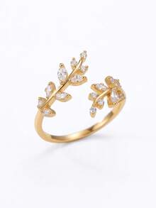 Gift Box Style Gold Leaf & Branch Rhinestone Ring, Adjustable Open Design, Nature-Inspired Elegant Women's Jewelry - Gold - View 6