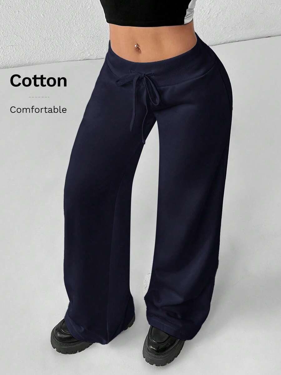 PETITE Women's Smooth Fabric Sports Trousers, Comfortable And Casual, Low Waist And Wide Leg, Autumn Clothing For Women, Winter Clothing For Women - 海軍藍 2 - 查看 1
