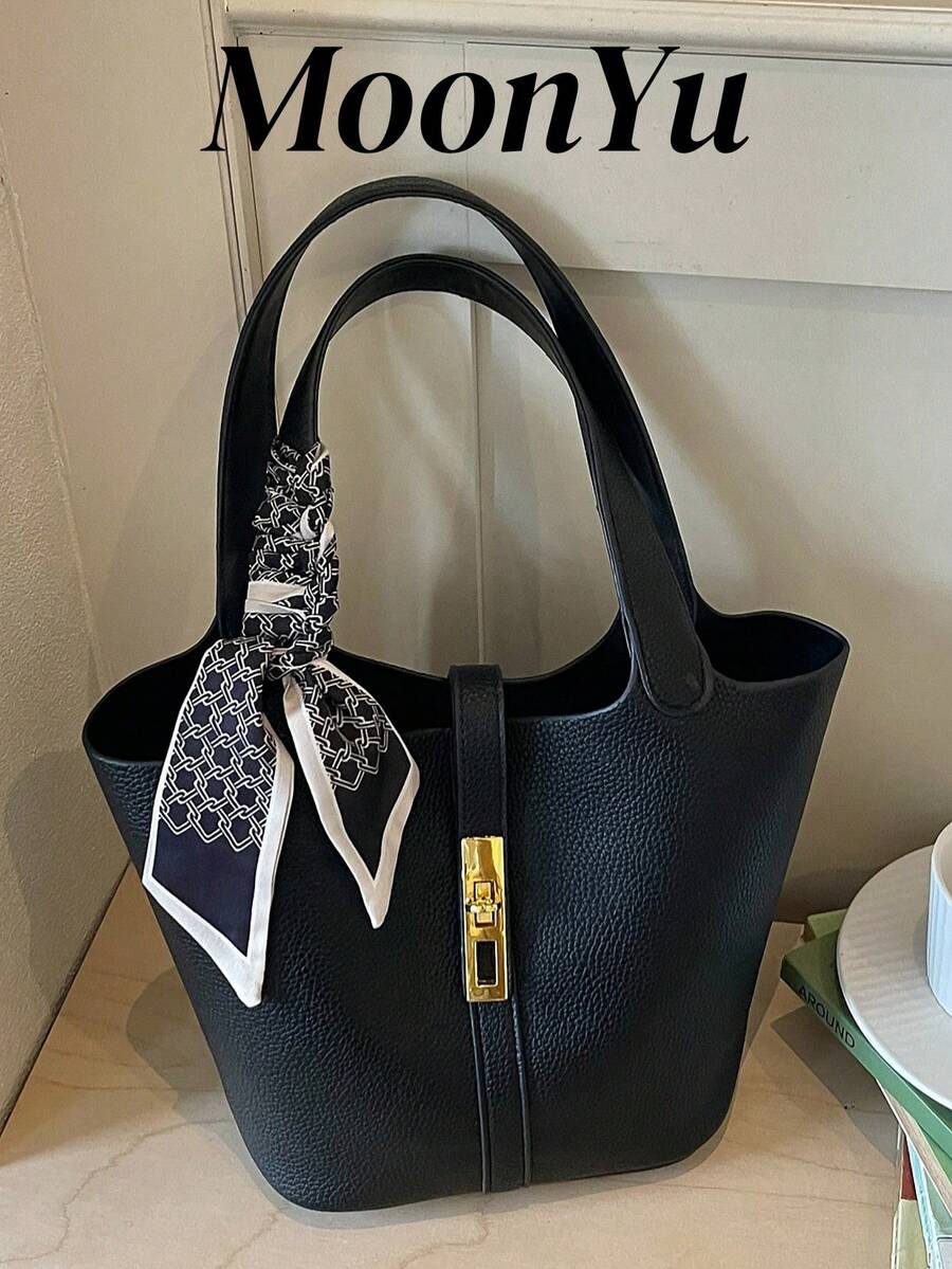 女款水桶包 時尚扣飾 優雅極簡 適合購物通勤商務 圍巾配色黑色包 - 黑色 - 查看 1