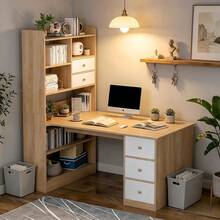 Escritorio con 5 Cajones y 7 Niveles de Repisas, Escritorio Esquinero Robusto y Duradero, Escritorio para Computadora Minimalista, Apto para Oficinas y Dormitorios (Blanco Nórdico) - Color Madera - Ver 8