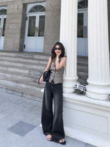 YEAE | 復古黑灰色高腰寬腿寬鬆直筒牛仔褲休閒款 春秋 - 黑色 - 查看 5