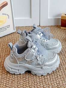 1 Pair Girls' Silver Sequin Mesh Bow Thick Sole Dad Sneakers, Luxury Fairy Princess Style, Suitable For School, Party, Travel And Multiple Occasions - Silver - View 3
