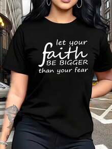 Camiseta de manga corta con cuello redondo y estampado de Faith para mujer, estilo minimalista moderno - Estilo deportivo casual, corte holgado, diseño deportivo sencillo, 95% poliéster 5% s - Negro - Ver 1