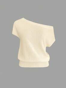 Women's Casual Beach Set - Solid Color Off-Shoulder Knit Top And Straight Leg Shorts, Suitable For Spring And Summer Wear - 貝斯 - 查看 1