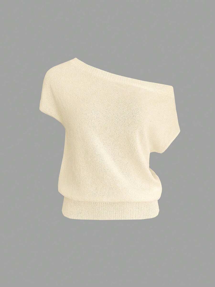 Women's Casual Beach Set - Solid Color Off-Shoulder Knit Top And Straight Leg Shorts, Suitable For Spring And Summer Wear - 貝斯 - 查看 1