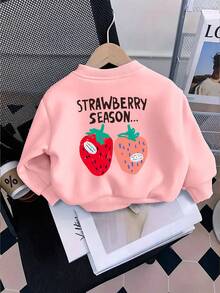 Infant Boys Casual Loose Comfortable Daily Long Sleeve Sweatshirt, Strawberry Print, Suitable For Autumn/Winter Wear - Pink - View 3