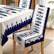 1/4/5/6/7pcs Blue And White Cartoon Fish Ocean Pattern Printed Chair Covers/Chair Slipcovers Set, Suitable For Indoor Home, Restaurant, Hotel, Ideal Choice For Modern Daily Decor. Tablecloth Fits Square Dining Table, Elastic Chair Covers Are Washable. - Multicolor - View 9