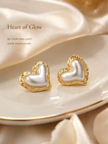 1 Pair Bohemian Style Gentle Romantic French Luxury Pearl Heart Stud Earrings, 316 Stainless Steel Gold Plated Hypoallergenic Earrings For Women, Back To School, Daily Commute, Office, Campus, Date, Party, Best Friend Gathering, Spring Outing, Vacation, Music Festival, Wedding, Holiday, Versatile - Multicolor - View 1