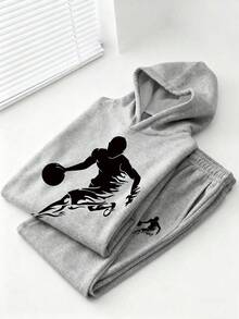 Youth Boy Cartoon Print Warm Hoodie And Pants Set - Grey - View 3