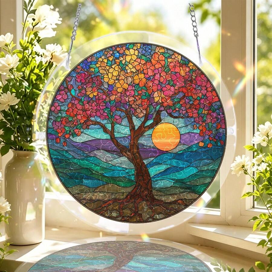 1pc Sunset Ocean Cherry Blossom Tree 7.28 Inch Round Acrylic Sun Catcher Puzzle, Home And Porch Decor, Perfect Gift For Puzzle Lovers, Friends, Women And Parents, Create Coffee Bar Atmosphere, Add Elegant 2D Style