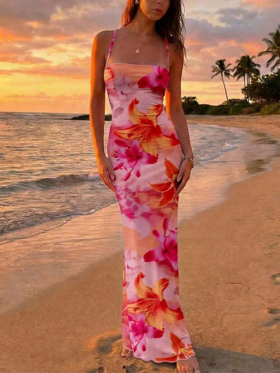 Elegant Women's Dress With Floral Print And Open Back, Summer Clothes, Beach Outfits For Women, Beach Vacation Clothes, Party Outfits, Bridesmaids - 玫瑰紅 - 查看 1